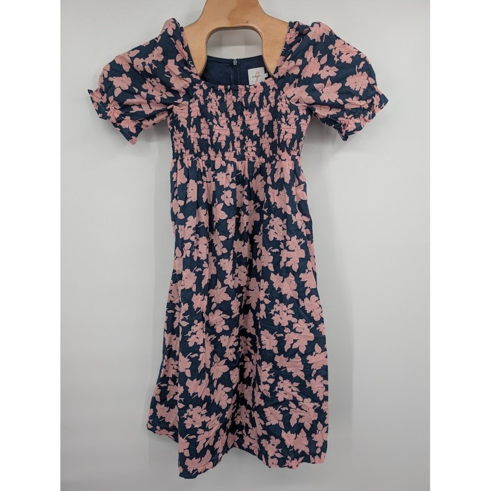 The Nines by Hatch Floral Smocked Puff Sleeve Midi Dress Navy Pink Women's sz XS